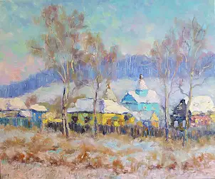 Marcin Stępniowski, Village. Winter landscape, Oil painting - canvas, 60 x 50