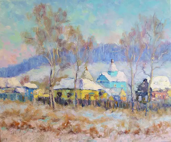 Marcin Stępniowski, Village. Winter landscape, Oil painting - canvas, 60 x 50