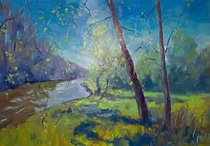 Marcin Stępniowski, Spring on the river., Oil painting - board, 100 x 70