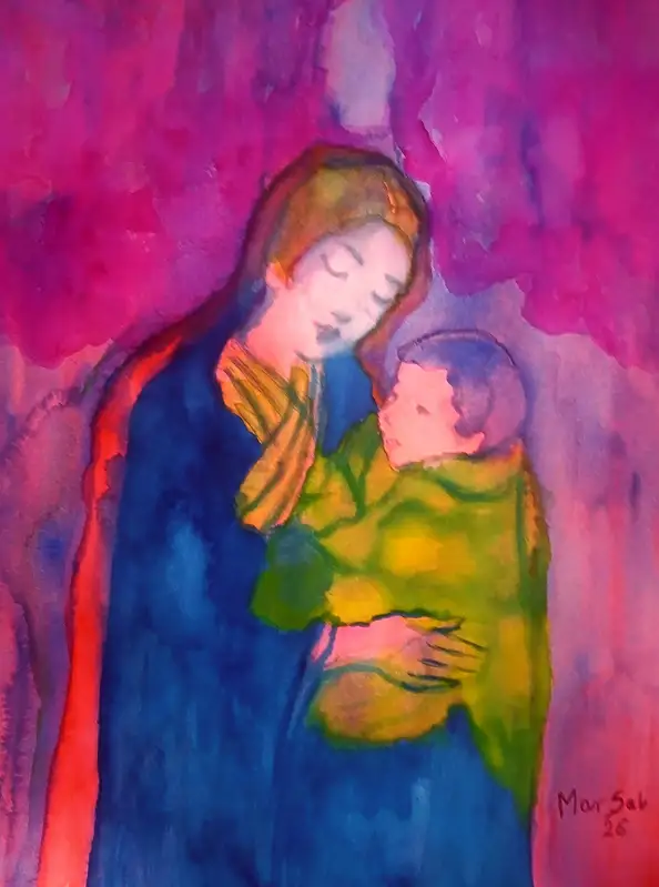 Marzena Salwowska, Pieno di primavera nel ciliegeto/Madonna, Acquerelli, Dipinto acrilico - carta, 36 x 48