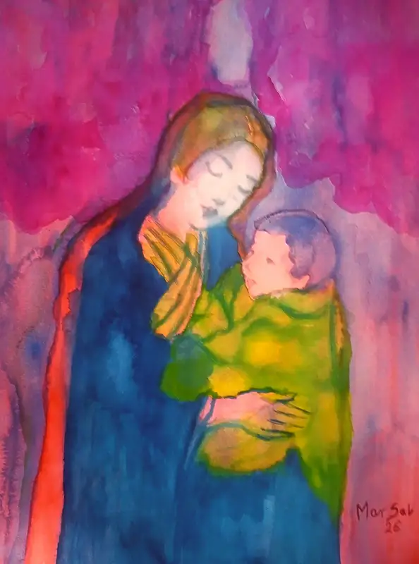 Marzena Salwowska, Pieno di primavera nel ciliegeto/Madonna, Acquerelli, Dipinto acrilico - carta, 36 x 48