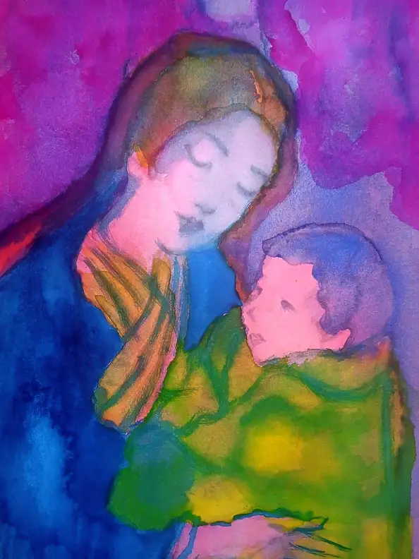 Marzena Salwowska, Pieno di primavera nel ciliegeto/Madonna, Acquerelli, Dipinto acrilico - carta, 36 x 48