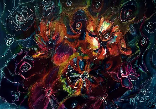 Marzena Salwowska, Wirbelnde Rosen/Gras und Blumen, Acrylgemälde - Papier, 42 x 30
