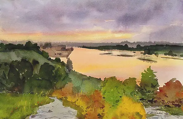 Krzysztof Michalski, Vistule, vue depuis Albrechtówka, Aquarelles - papier, 56 x 38