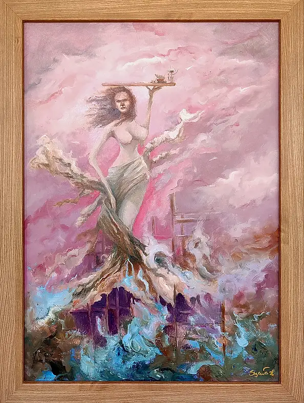 Marcin Szywała, Wolność czyli papierowe wiadomości z różowego nieba, Obraz olejny - płyta, 50 x 70