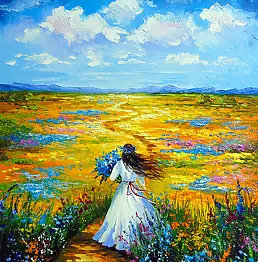 Olha Darchuk, Woman Walking Through a Flower Field, Obraz olejny - płótno, 50 x 60