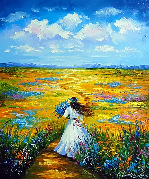 Olha Darchuk, Woman Walking Through a Flower Field, Obraz olejny - płótno, 50 x 60