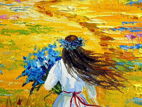 Olha Darchuk, Woman Walking Through a Flower Field, Obraz olejny - płótno, 50 x 60