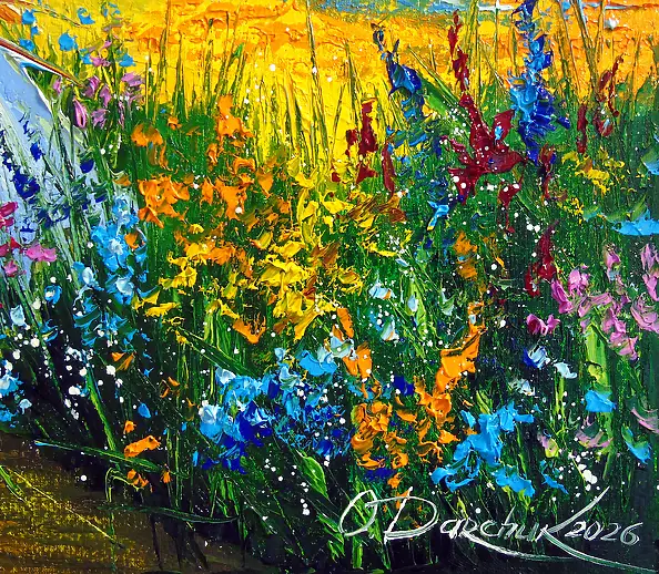 Olha Darchuk, Woman Walking Through a Flower Field, Obraz olejny - płótno, 50 x 60