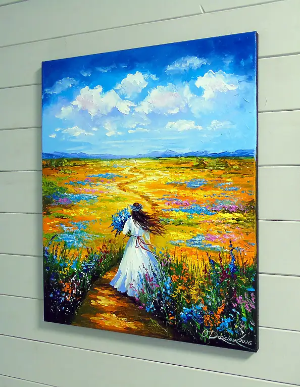Olha Darchuk, Woman Walking Through a Flower Field, Obraz olejny - płótno, 50 x 60