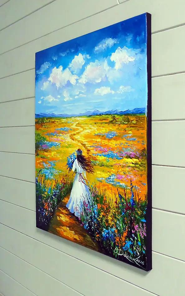 Olha Darchuk, Woman Walking Through a Flower Field, Obraz olejny - płótno, 50 x 60