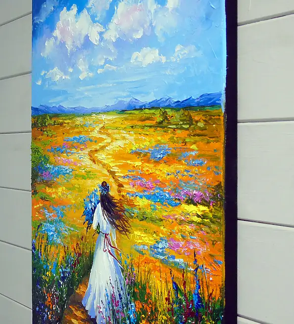 Olha Darchuk, Woman Walking Through a Flower Field, Obraz olejny - płótno, 50 x 60