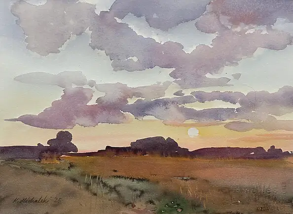 Krzysztof Michalski, Lever de soleil sur Grabówki, Aquarelles - papier, 38 x 28