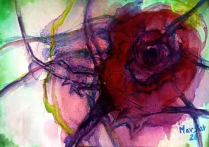 Marzena Salwowska, L'energia vulcanica della rosa cremisi/erba e fiore, Acquerelli, Velatura, Inchiostro - carta, 42 x 30