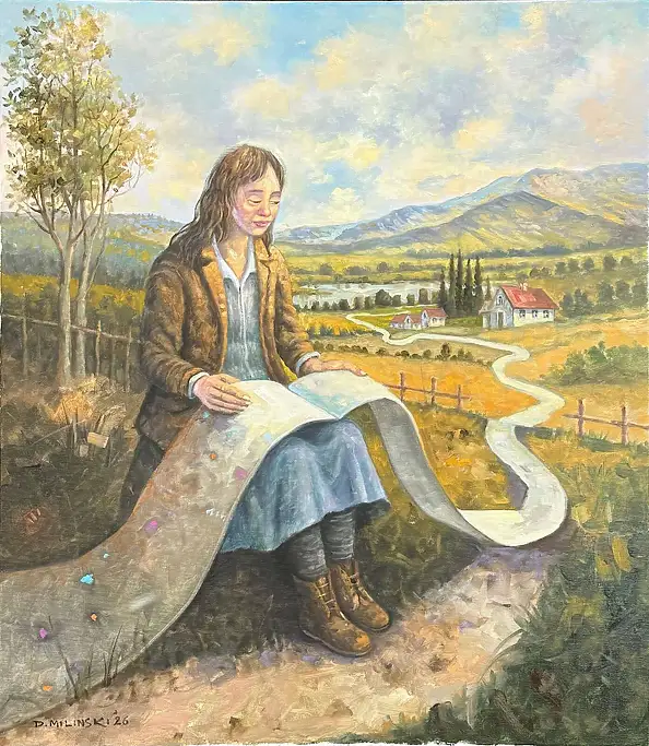Dariusz Miliński, Wyczytująca pejzaż, Obraz olejny - płótno, 70 x 80