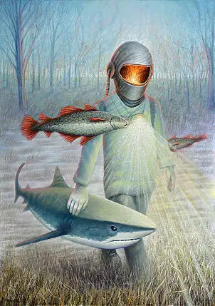 Krzysztof Polaczenko, Togliere il pesce, pastello, Dipinto acrilico, Pastello - pannello, 50 x 70