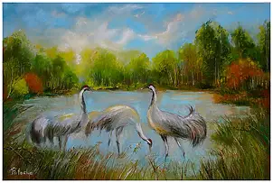 Grażyna Potocka, Quadro ad olio con gru, 40-60 cm, Quadro a olio - tela, 60 x 40