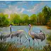 Grażyna Potocka, Quadro ad olio con gru, 40-60 cm, Quadro a olio - tela, 60 x 40