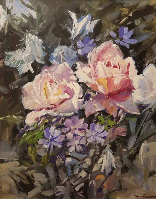Jerzy Krok, "Eine Ecke im Garten, Rosen", Ölbild - Leinwand, 40 x 50