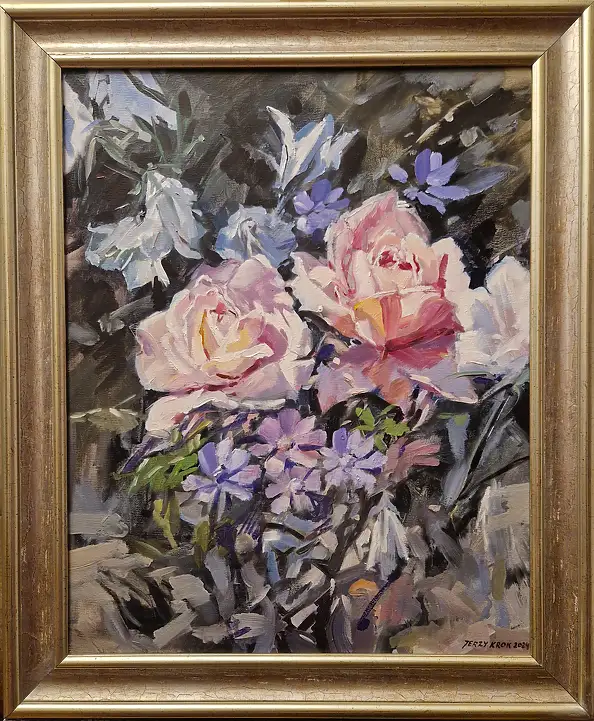 Jerzy Krok, "Eine Ecke im Garten, Rosen", Ölbild - Leinwand, 40 x 50