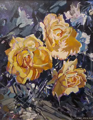 Jerzy Krok, "Eine Ecke im Garten, gelbe Rosen", Ölbild - Leinwand, 40 x 50