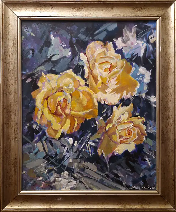 Jerzy Krok, "Eine Ecke im Garten, gelbe Rosen", Ölbild - Leinwand, 40 x 50