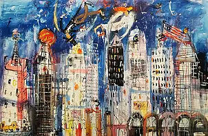Dariusz Grajek, Zakochane anioły nad Nowym Jorkiem..., Obraz akrylowy, Obraz olejny - płótno, 118 x 80