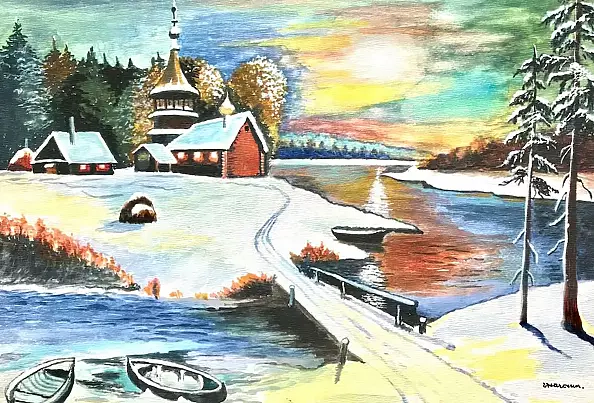 Ewa Zakrzewska - Zima, nad rzeką o zmroku.