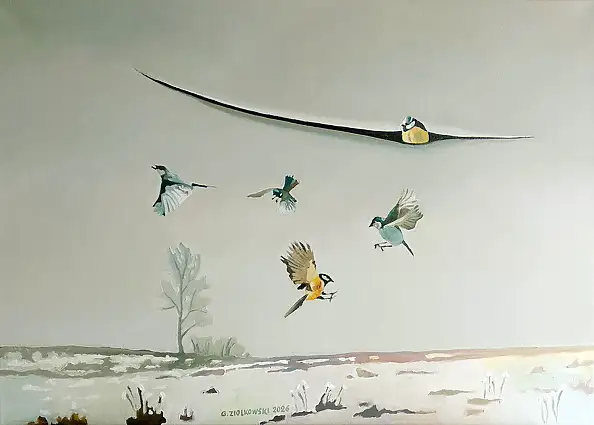 Grzegorz Ziółkowski, Zimowe ptaki, Obraz olejny - płótno, 70 x 50