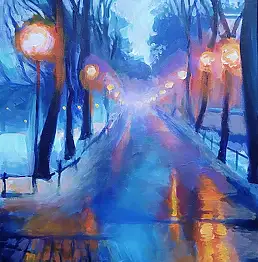 Renata Rychlik, Зимний рассвет в краковском парке Планты., Акрилова картина - холст, 40 x 60
