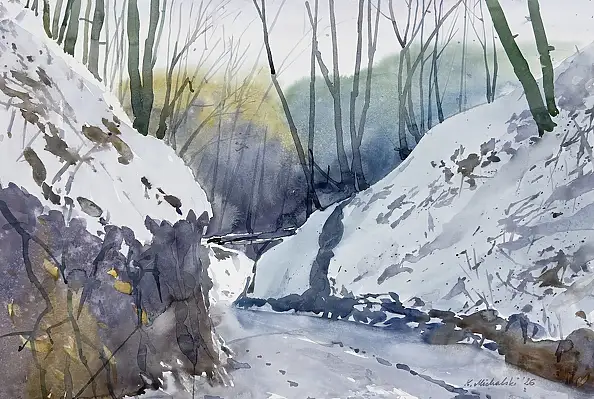 Krzysztof Michalski, Gorge d'hiver près de Kazimierz Dolny, Aquarelles - papier, 56 x 38