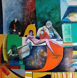 Krzysztof Gajewski, "Złota Kaczka czyli Łącznik Amsterdamsko-Warszawski", Obraz olejny - płótno, 130 x 97