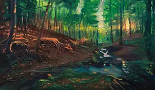 Wojciech Pater, Dzikie miejsca V - Zmierzch w lesie II, Obraz olejny - płyta, 60 x 35