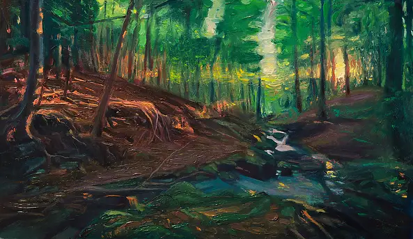Wojciech Pater, Dzikie miejsca V - Zmierzch w lesie II, Obraz olejny - płyta, 60 x 35