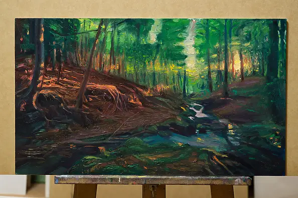 Wojciech Pater, Dzikie miejsca V - Zmierzch w lesie II, Obraz olejny - płyta, 60 x 35