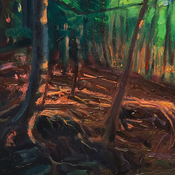 Wojciech Pater, Dzikie miejsca V - Zmierzch w lesie II, Obraz olejny - płyta, 60 x 35
