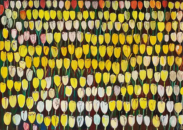 Edward Dwurnik, Tulipani gialli, 1998 - 160x220 cm, Quadro a olio - tela, 220 x 160