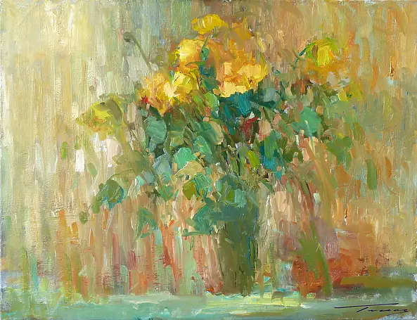 Krzysztof Tracz, Yellow flowers in a vase, Oil painting - canvas, 65 x 50