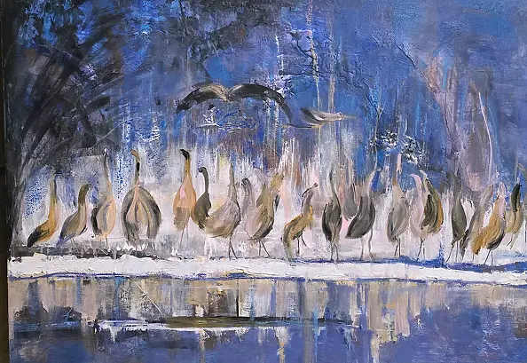 Ewa Mościszko - Żurawie manewry,  Obraz na płótnie 70x50x1cm 