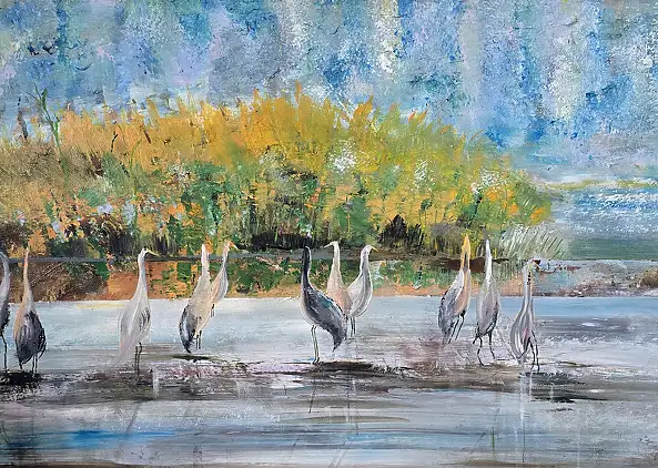 Ewa Mościszko, Zurawie manewry, Obraz akrylowy - płótno, 70 x 50