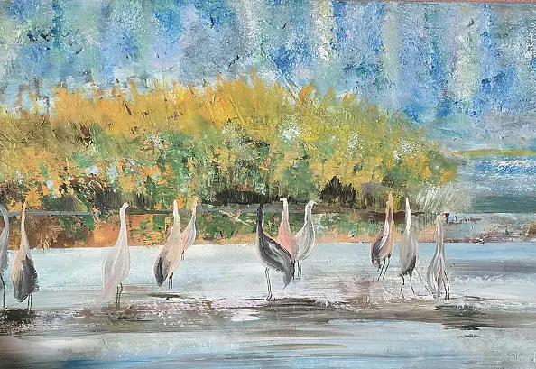 Ewa Mościszko - Cranes strolling, Canvas print 70x50x1cm