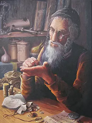 Jacek Łoziński - Jew counting pieniądze.30 / 40cm.Olej on canvas