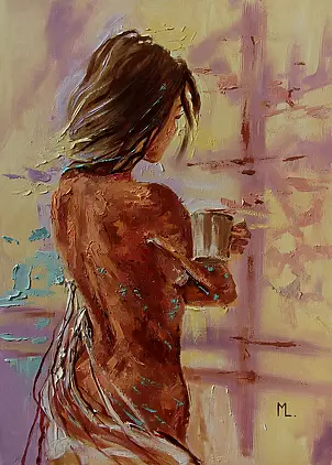Monika Luniak - "COFFEE TIME" - 50x70cm original oil painting on canvas, gift, palette kniffe (2018)