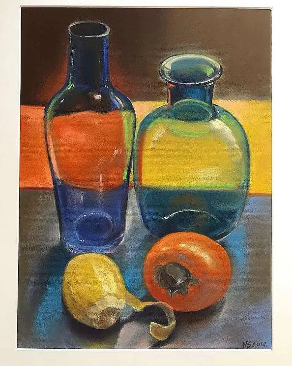 Viktory Mazovetskaya, синие бутылки, Crayon, Pastel - paper, 30 x 40