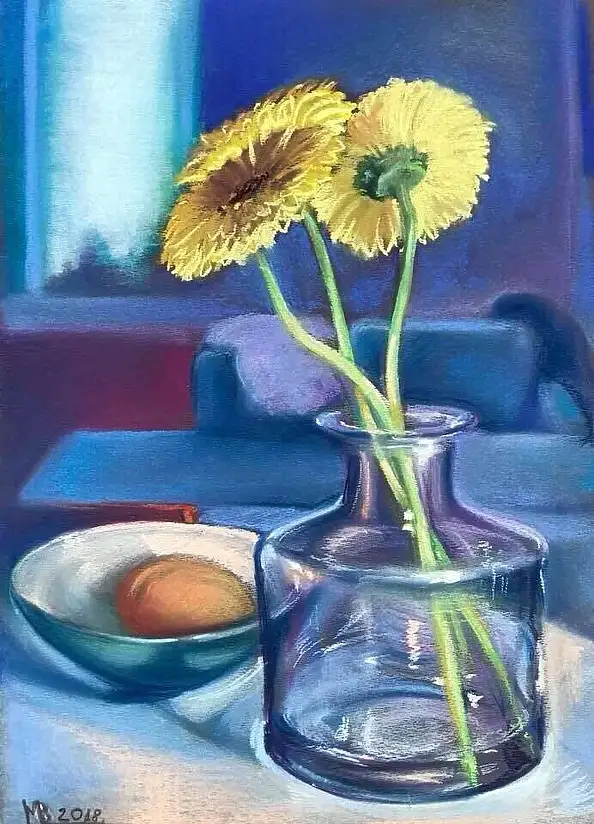 Viktory Mazovetskaya, синие бутылки, Crayon, Pastel - paper, 30 x 40