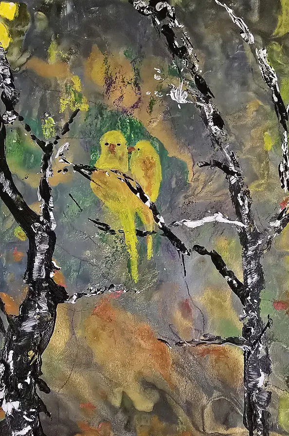 Ewa Mościszko - Watercolor painting entitled Lovebirds yellow