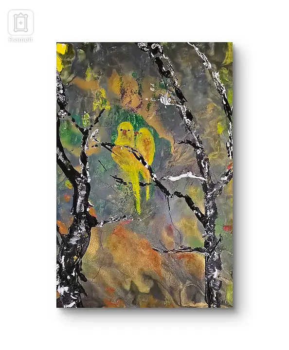 Ewa Mościszko - Watercolor painting entitled Lovebirds yellow