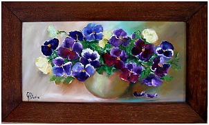 Grażyna Potocka - Dipinto ad olio viole del pensiero 24-49 cm in cornice 35-60 cm