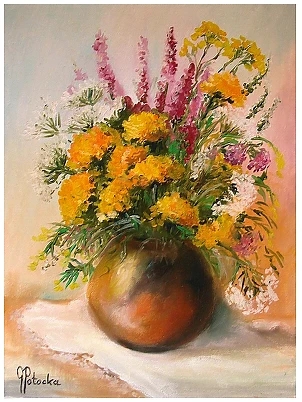 Grażyna Potocka - Pittura a olio di fiori di campo 30-40 cm