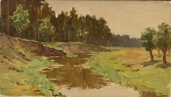Sergey Doroshenko, Речка на опушке. 1954 р., Obraz olejny - karton/tektura, 30 x 17